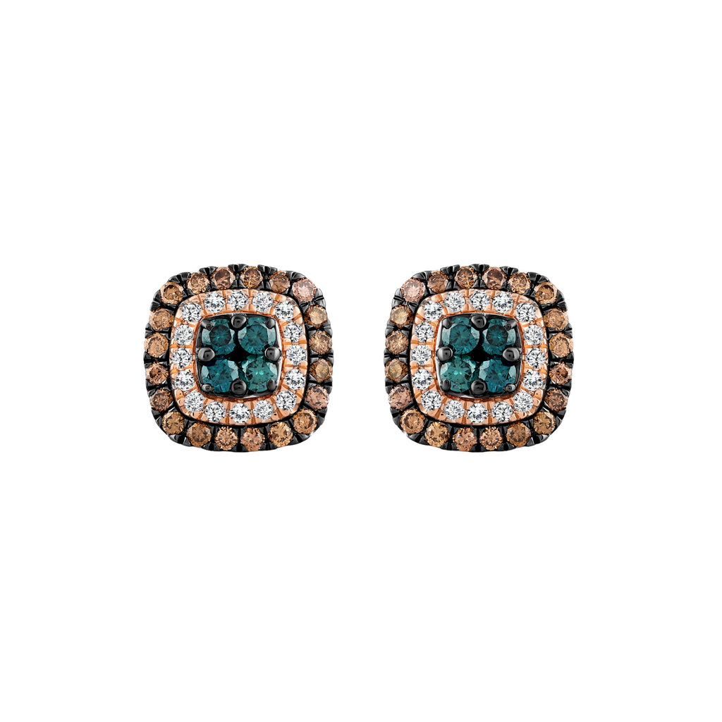 LADIES EARRINGS 1.00CT ROUND/DARK BROWN/BLUE DIAMOND 14K ROSE GOLD