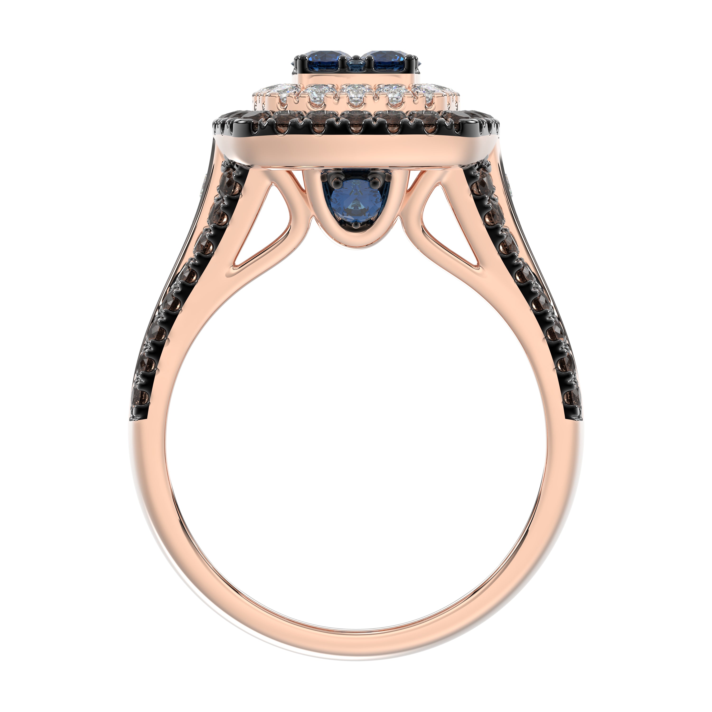 Bold And Elegant 14K Rose Gold Ladies Ring Featuring 1.50Ct Round Diamonds In Blue, Dark Brown , And White Tones. A Striking Multi-Stone Design Perfec