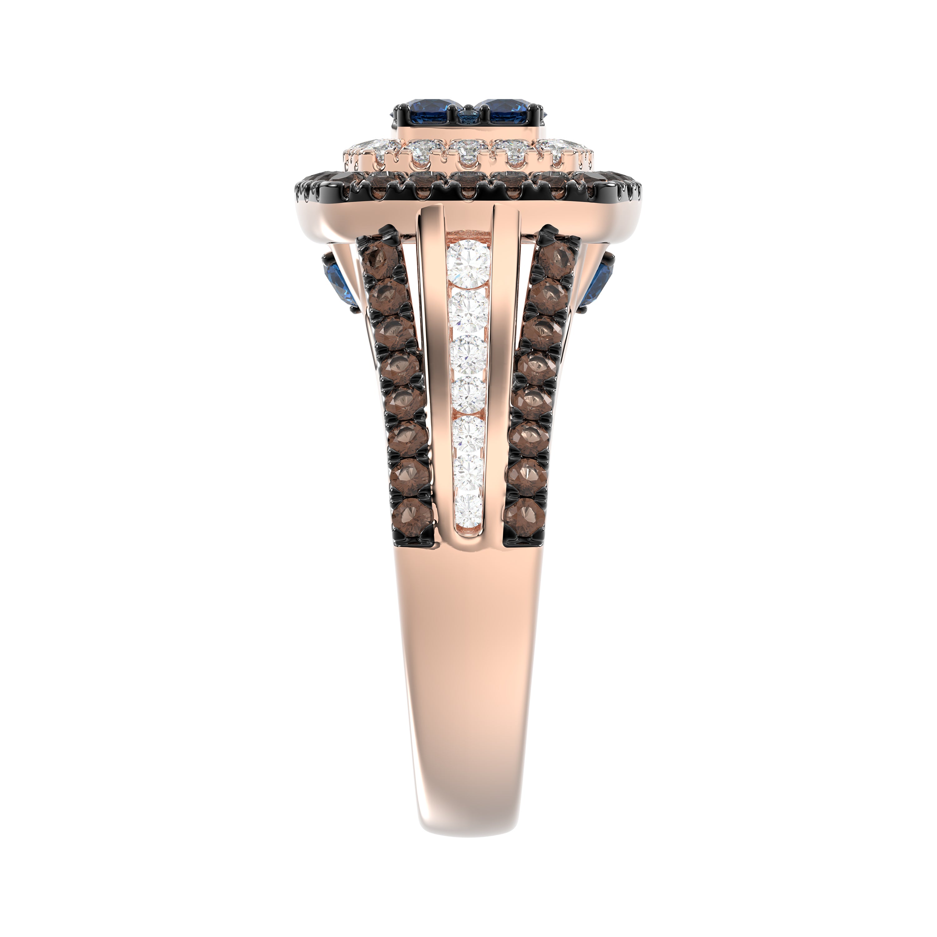 Bold And Elegant 14K Rose Gold Ladies Ring Featuring 1.50Ct Round Diamonds In Blue, Dark Brown , And White Tones. A Striking Multi-Stone Design Perfec