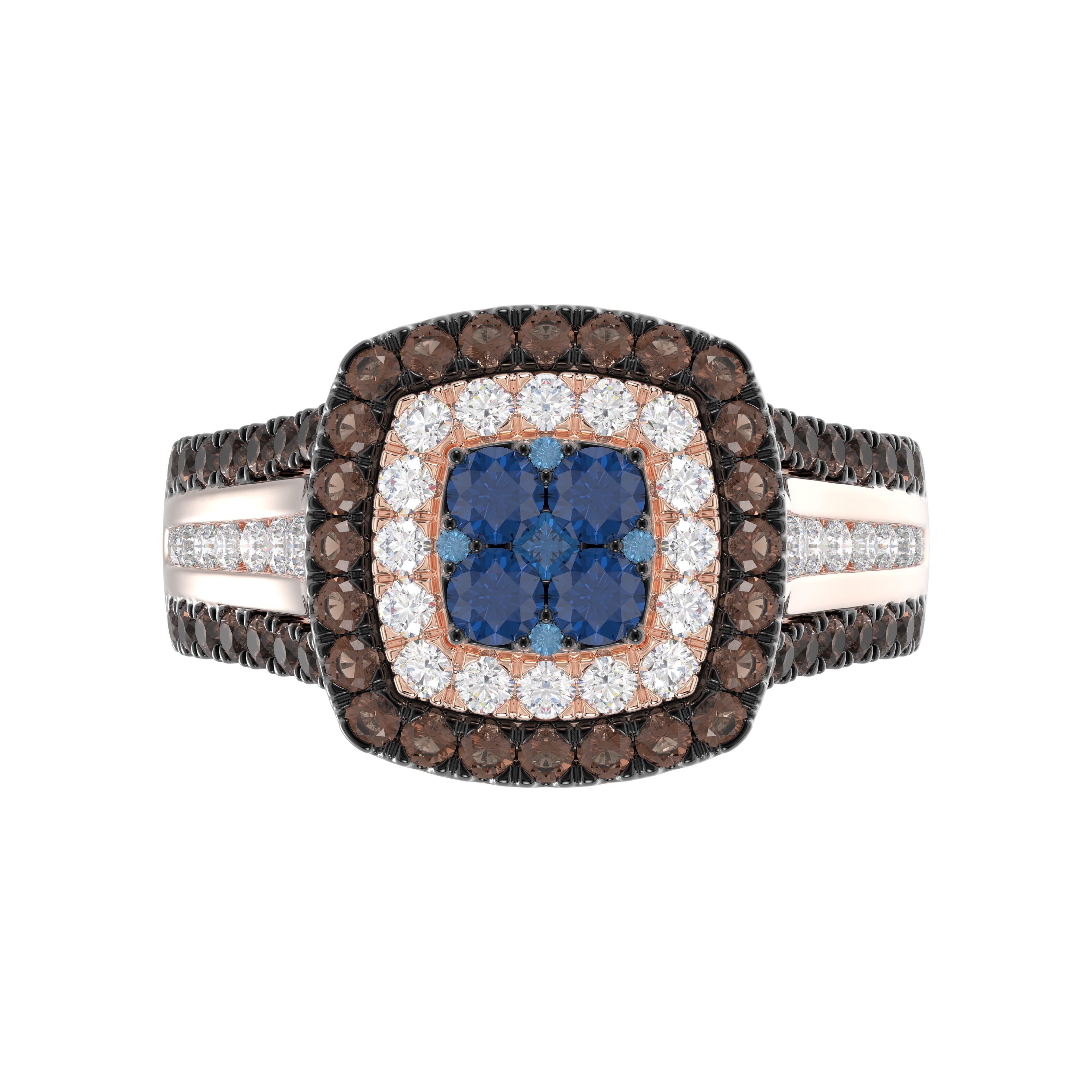 Bold And Elegant 14K Rose Gold Ladies Ring Featuring 1.50Ct Round Diamonds In Blue, Dark Brown , And White Tones. A Striking Multi-Stone Design Perfec