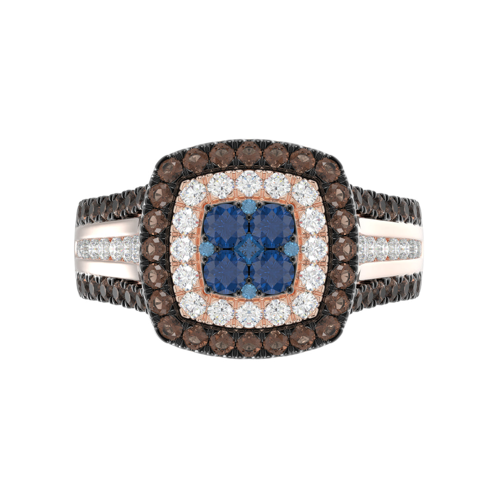 Bold And Elegant 14K Rose Gold Ladies Ring Featuring 1.50Ct Round Diamonds In Blue, Dark Brown , And White Tones. A Striking Multi-Stone Design Perfec