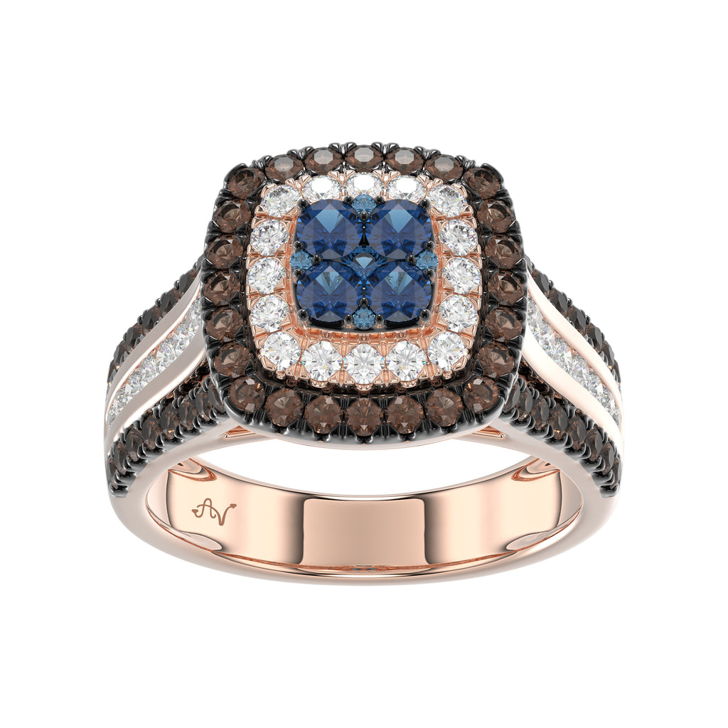 Bold And Elegant 14K Rose Gold Ladies Ring Featuring 1.50Ct Round Diamonds In Blue, Dark Brown , And White Tones. A Striking Multi-Stone Design Perfec