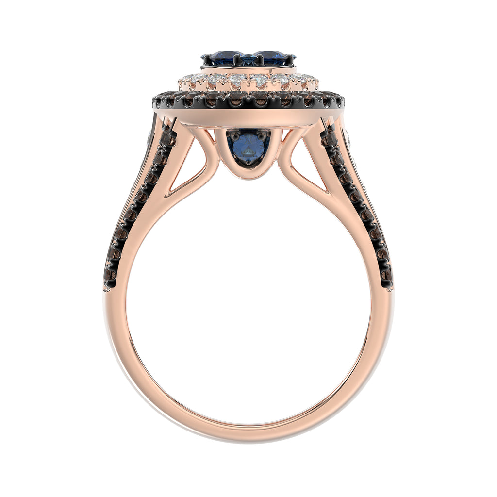 14K Rose Gold Multi Color Diamond Halo Ring 1.50Ct Blue, Dark Brown & Round Diamond Ladies Ring