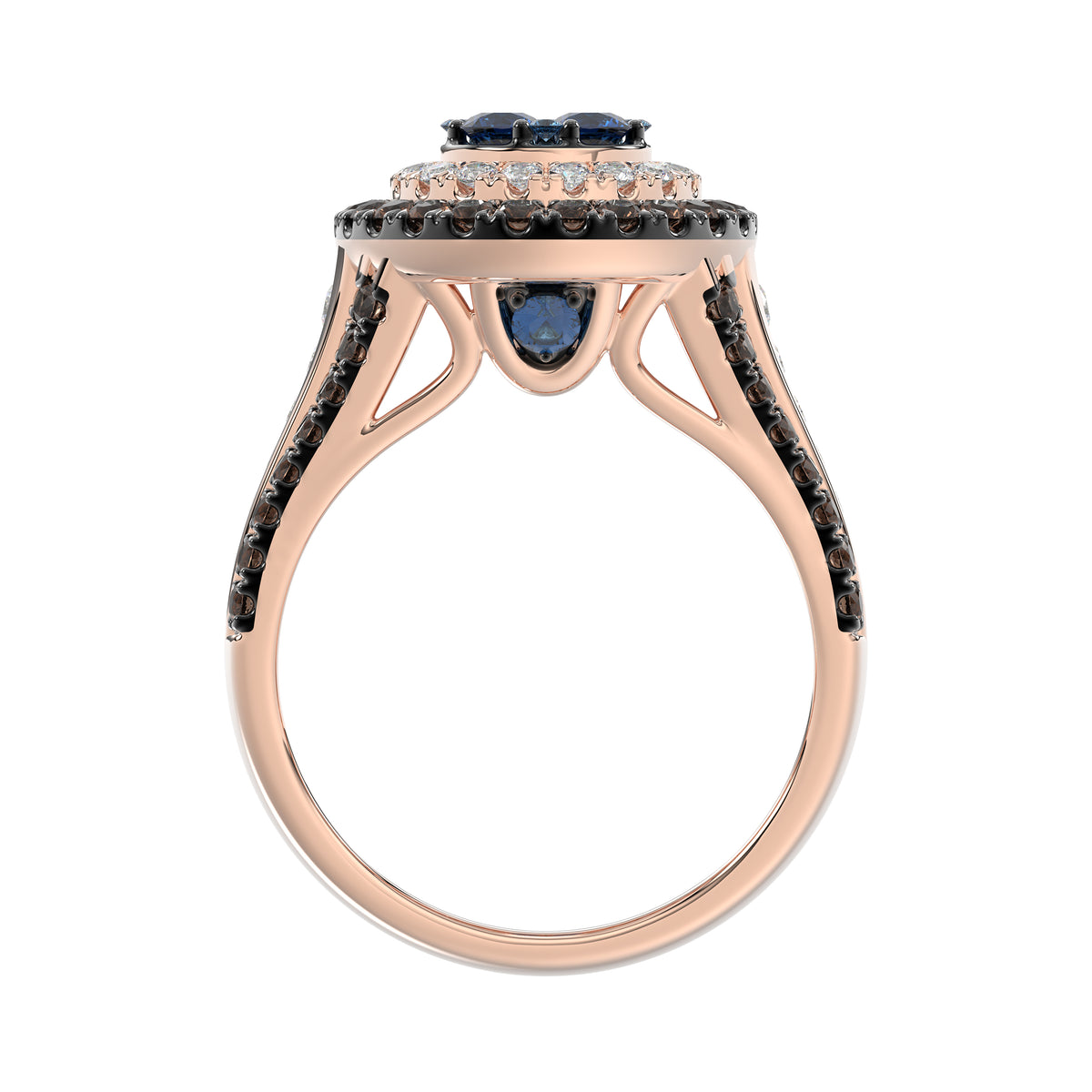 14K Rose Gold Multi Color Diamond Halo Ring 1.50Ct Blue, Dark Brown & Round Diamond Ladies Ring