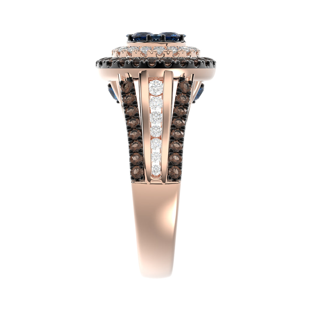 14K Rose Gold Multi Color Diamond Halo Ring 1.50Ct Blue, Dark Brown & Round Diamond Ladies Ring