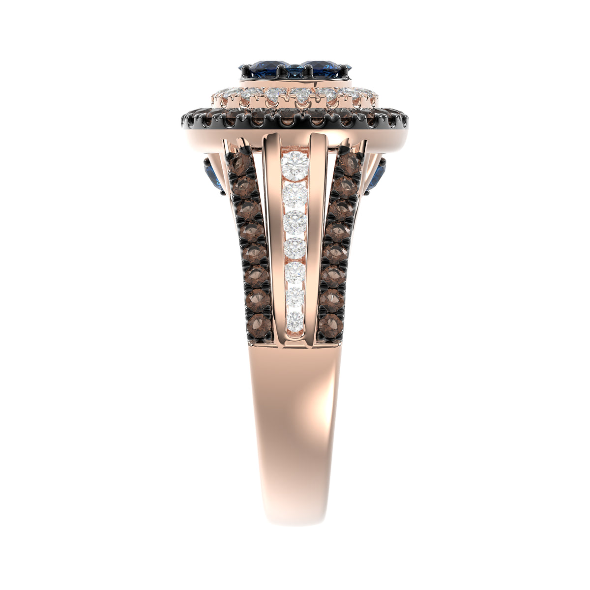 14K Rose Gold Multi Color Diamond Halo Ring 1.50Ct Blue, Dark Brown & Round Diamond Ladies Ring