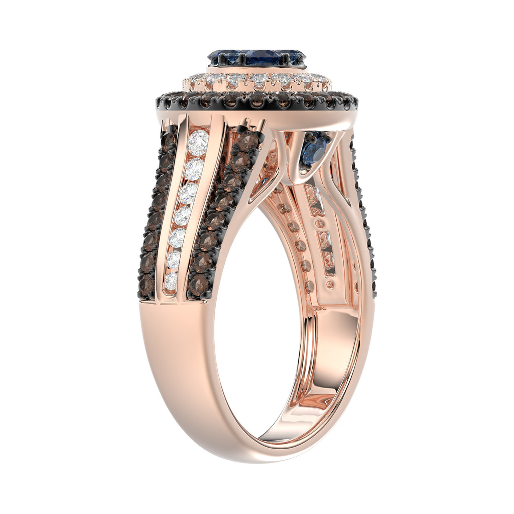 14K Rose Gold Multi Color Diamond Halo Ring 1.50Ct Blue, Dark Brown & Round Diamond Ladies Ring