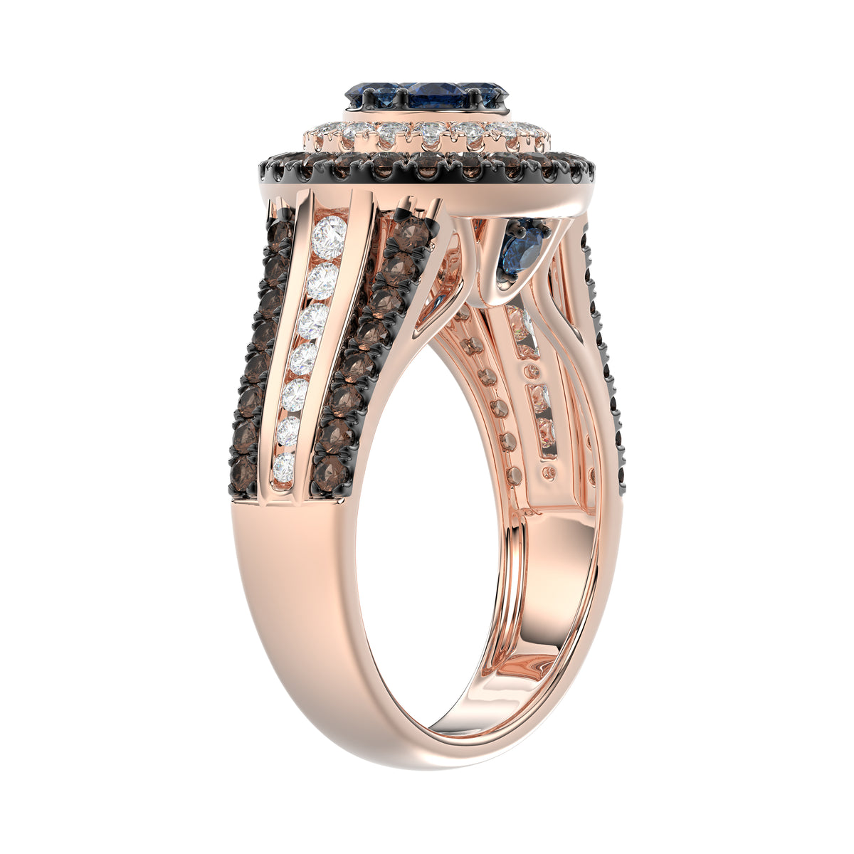14K Rose Gold Multi Color Diamond Halo Ring 1.50Ct Blue, Dark Brown & Round Diamond Ladies Ring