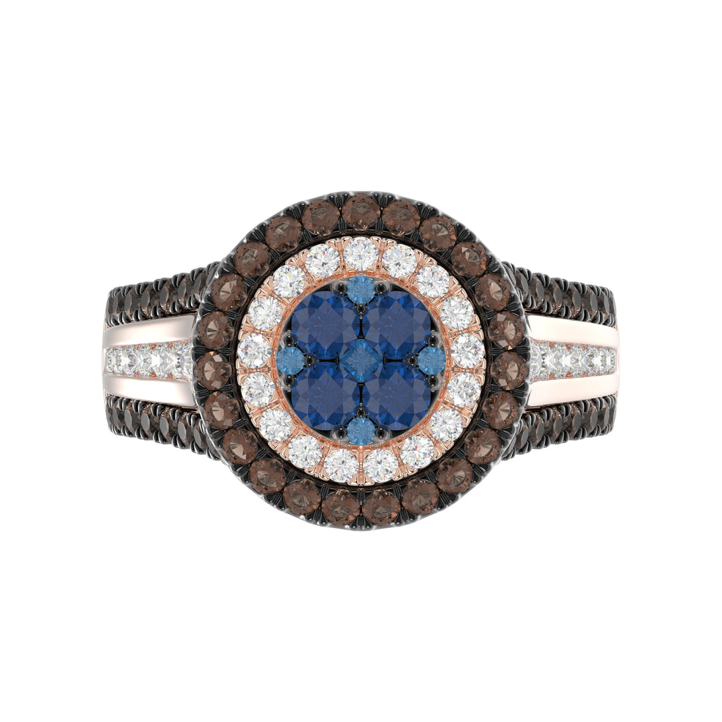 14K Rose Gold Multi Color Diamond Halo Ring 1.50Ct Blue, Dark Brown & Round Diamond Ladies Ring