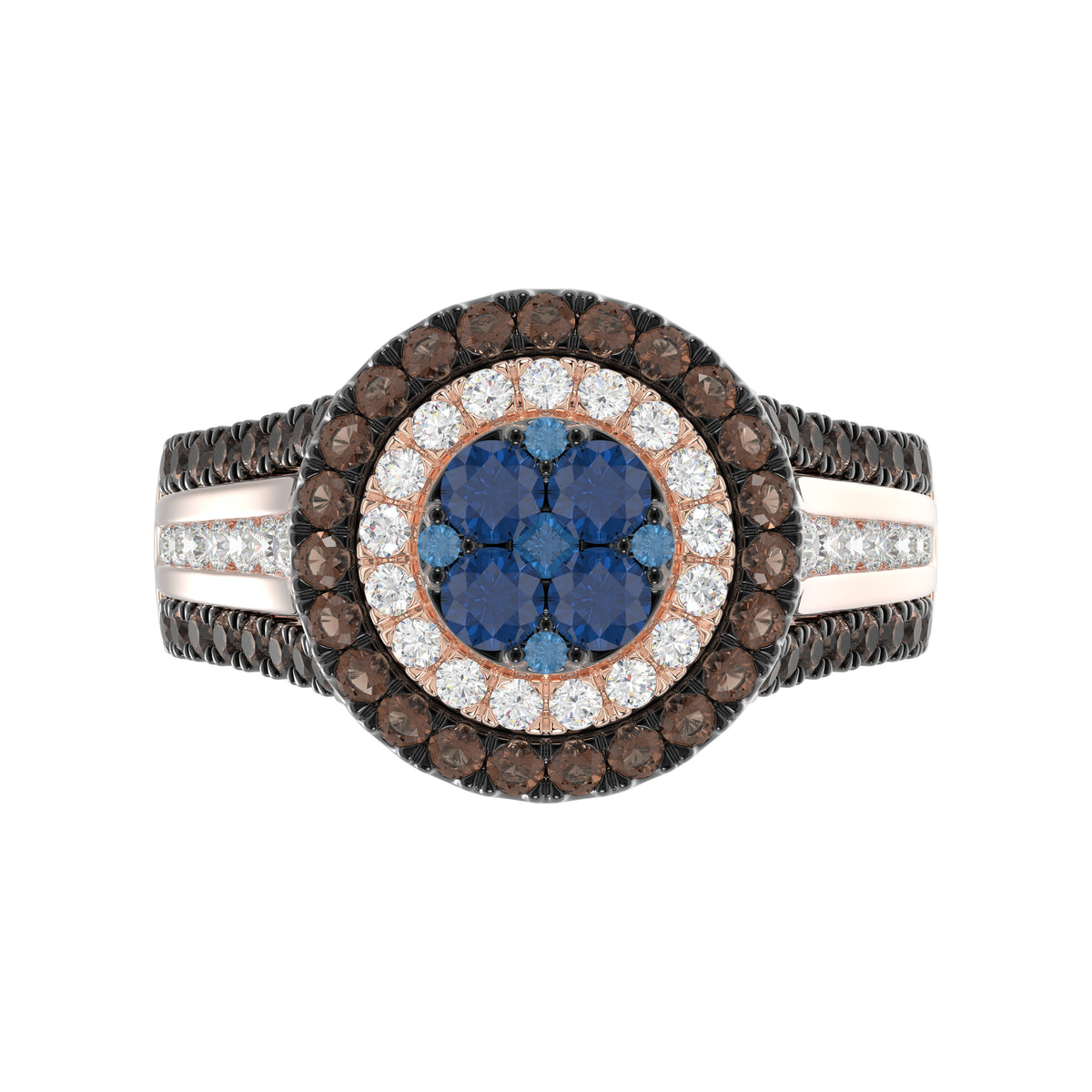 14K Rose Gold Multi Color Diamond Halo Ring 1.50Ct Blue, Dark Brown & Round Diamond Ladies Ring