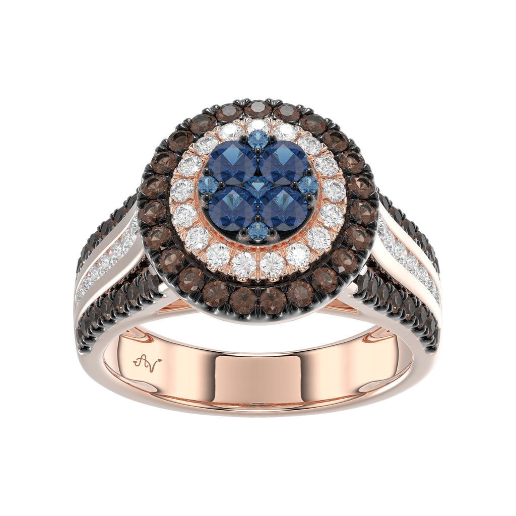 14K Rose Gold Multi Color Diamond Halo Ring 1.50Ct Blue, Dark Brown & Round Diamond Ladies Ring