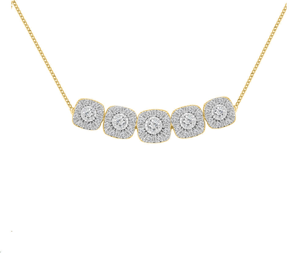 LADIES NECKLACE 1.00CT ROUND/BAGUETTE DIAMOND 14K YELLOW GOLD