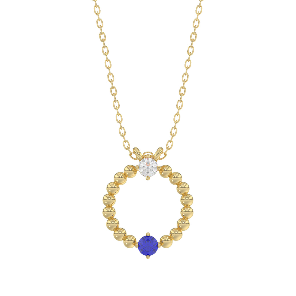 14K Yellow Gold 0.15Ct Blue Sapphire & Diamond Necklace For Women Natural Round Sapphire Ladies Jewelry