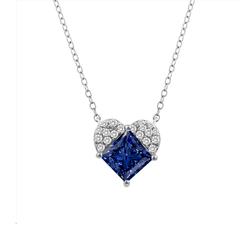 LADIES PENDANT WITH CHAIN 1.50CT ROUND/PRINCESS/BLUE SAPHIRE DIAMOND 14K WHITE GOLD (CENTER STONE PRINCESS BLUE SAPHIRE-1.35CT)