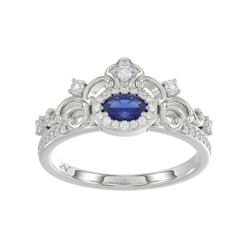 14K White Gold 0.45Ct Blue Sapphire & Round Diamond Engagement Ring For Women Oval Natural Sapphire Fashion Ring (Oval Blue Sapphire 0.30Ct)