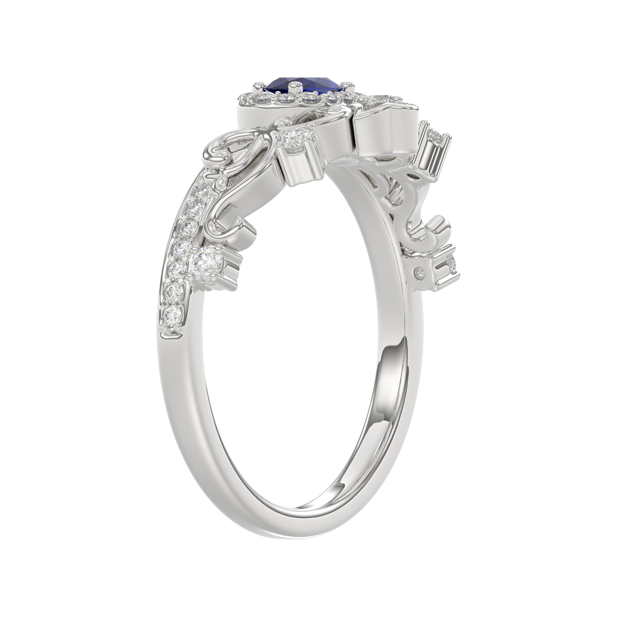 14K White Gold 0.45Ct Blue Sapphire & Round Diamond Engagement Ring For Women Oval Natural Sapphire Fashion Ring (Oval Blue Sapphire 0.30Ct)