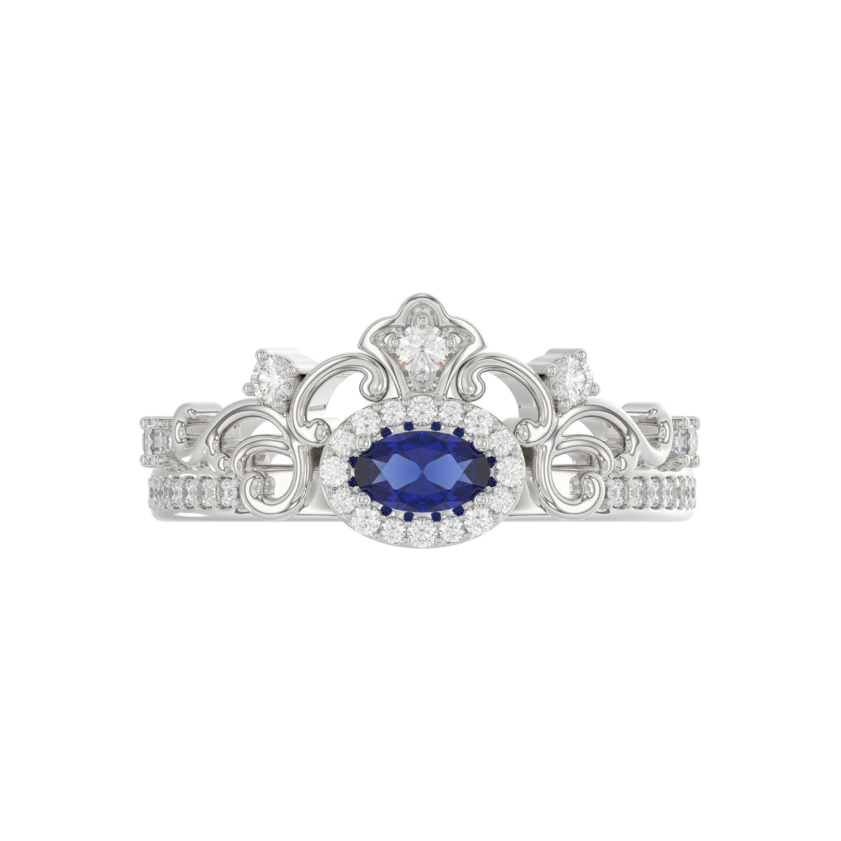 14K White Gold 0.45Ct Blue Sapphire & Round Diamond Engagement Ring For Women Oval Natural Sapphire Fashion Ring (Oval Blue Sapphire 0.30Ct)