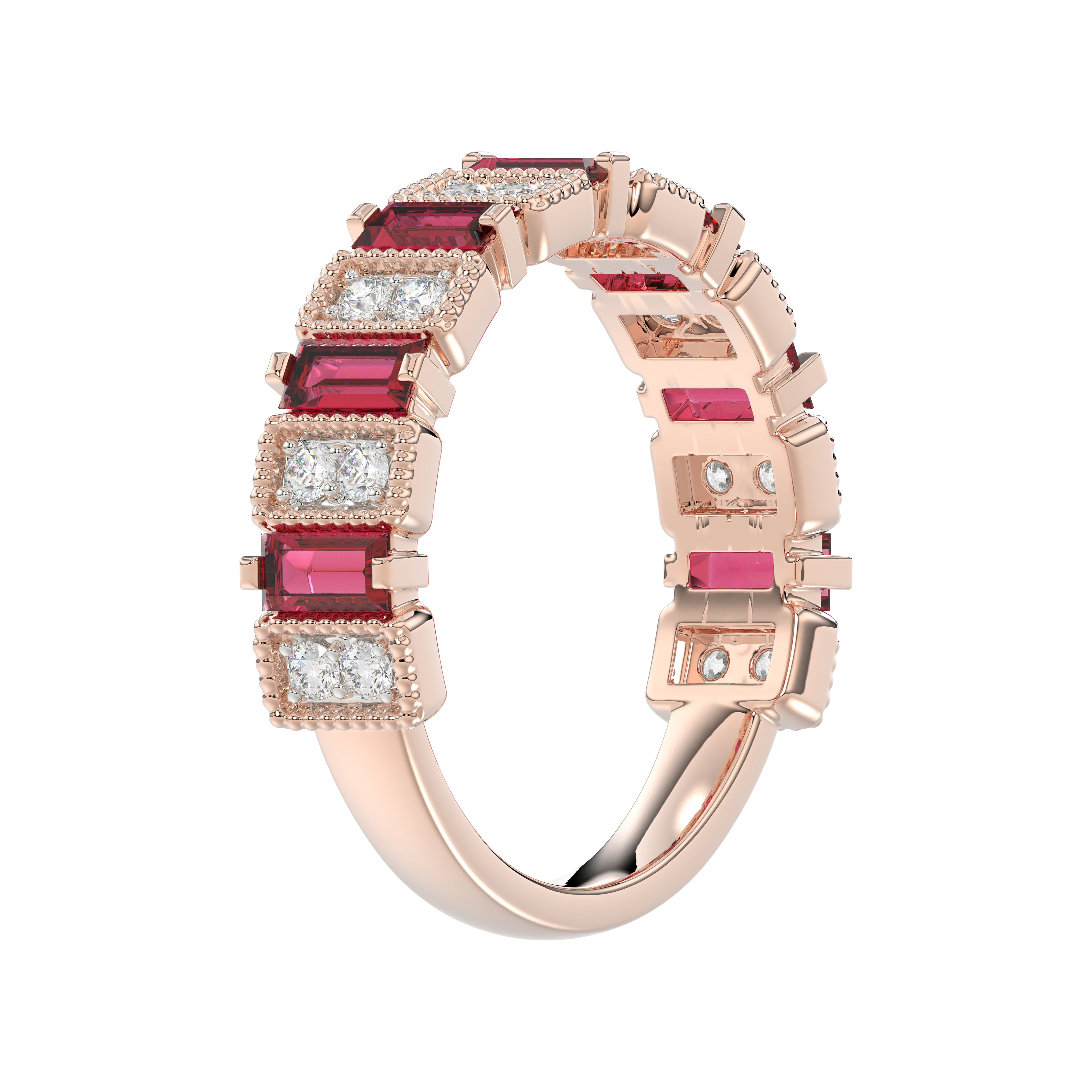 LADIES BAND 1.30CT ROUND/BAGUETTE RUBY DIAMOND 14K ROSE GOLD