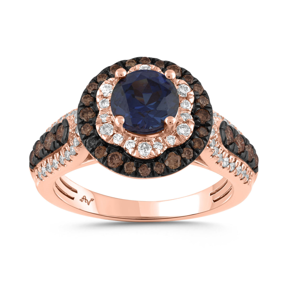 LADIES RING 1.95CT ROUND/SAPPHIRE/DARK BROWN DIAMOND 14K ROSE GOLD (CENTER STONE ROUND SAPPHIRE DIAMOND-1.15CT)
