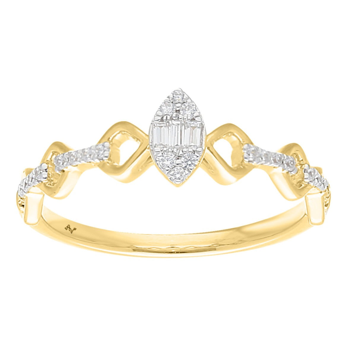 10K Yellow Gold 0.15CT Diamond Halo Ring Round & Baguette Promise Ring For Women