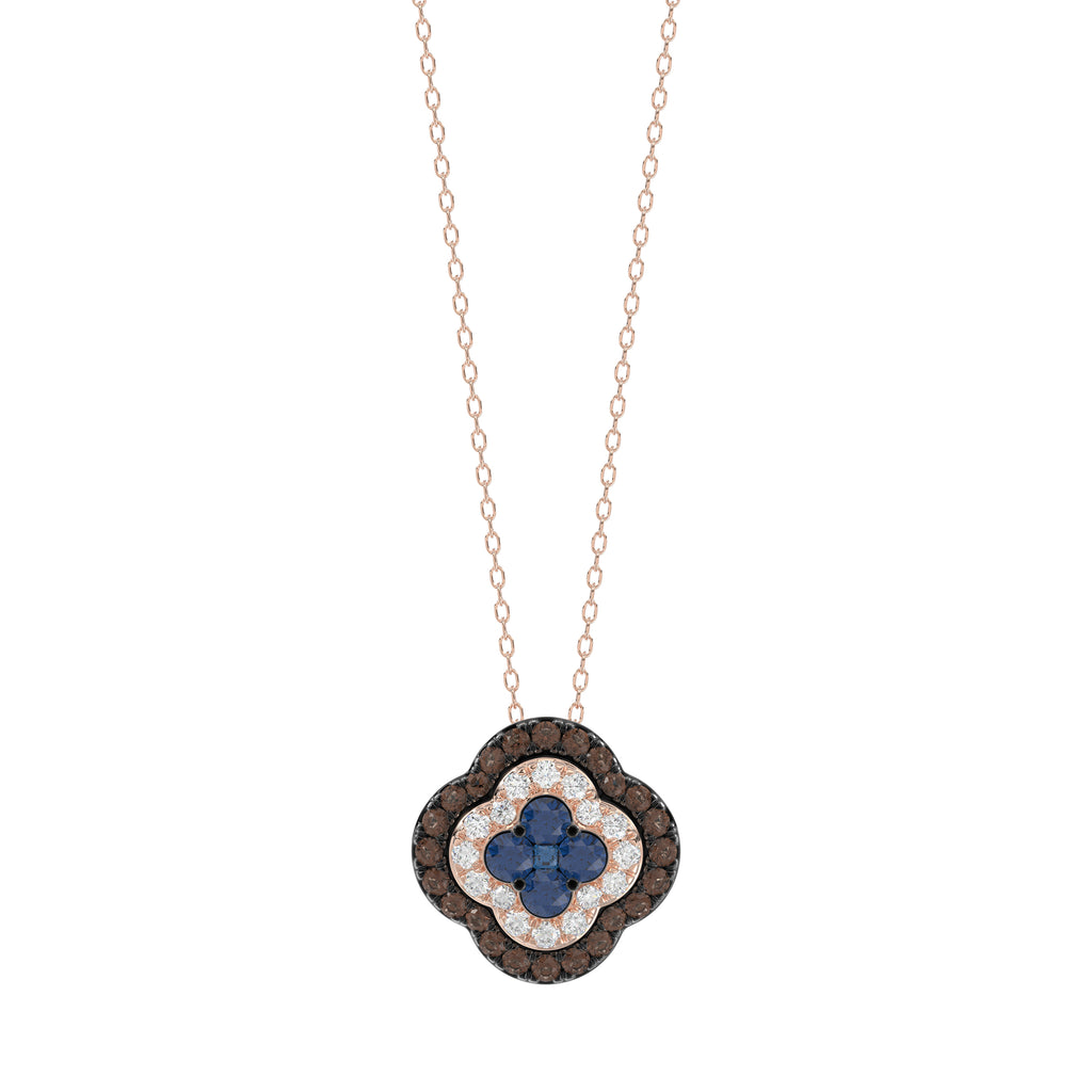 Fashion Pendant 14K Rose Gold 0.60Ct Dark Brown & Blue Diamond Cluster Halo Pendant For Women Round Diamond Ladies Fine Jewelry