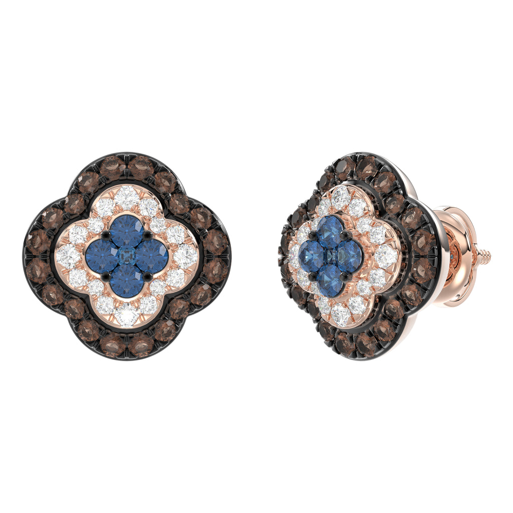 14K Rose Gold 1.00Ct Fancy Color Diamond Earrings Round Blue And Dark Brown Diamond Ladies Jewelry