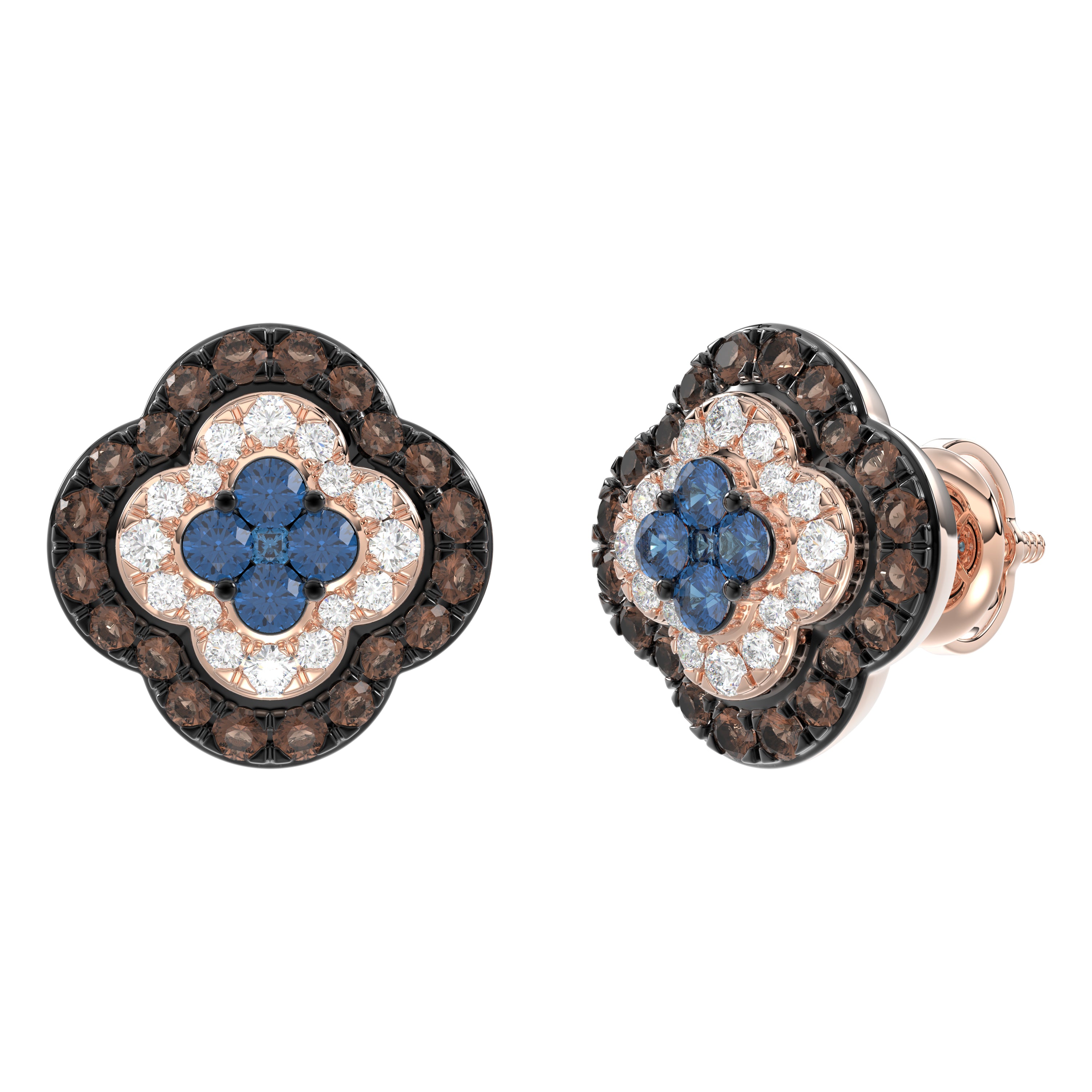 14K Rose Gold 1.00Ct Fancy Color Diamond Earrings Round Blue And Dark Brown Diamond Ladies Jewelry
