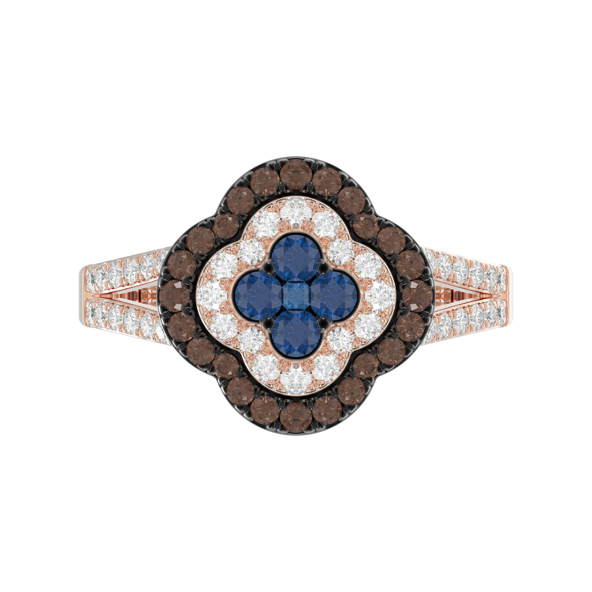 Elegant 14K Rose Gold Ladies Ring Crafted With Fancy Dark Brown And Blue Diamonds Totaling 0.75 Ct. Perfect Luxury Jewelry Gift For Her.