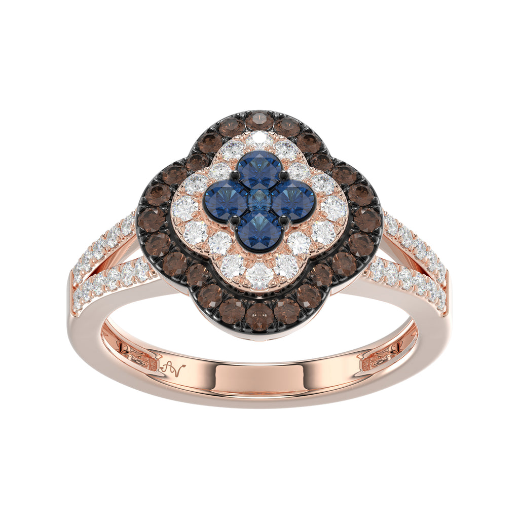Elegant 14K Rose Gold Ladies Ring Crafted With Fancy Dark Brown And Blue Diamonds Totaling 0.75 Ct. Perfect Luxury Jewelry Gift For Her.