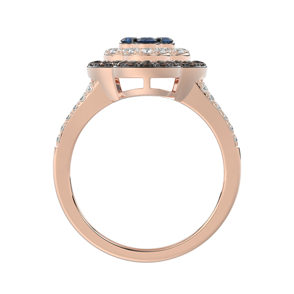 Elegant 14K Rose Gold Ladies Ring Crafted With Fancy Dark Brown And Blue Diamonds Totaling 0.75 Ct. Perfect Luxury Jewelry Gift For Her.