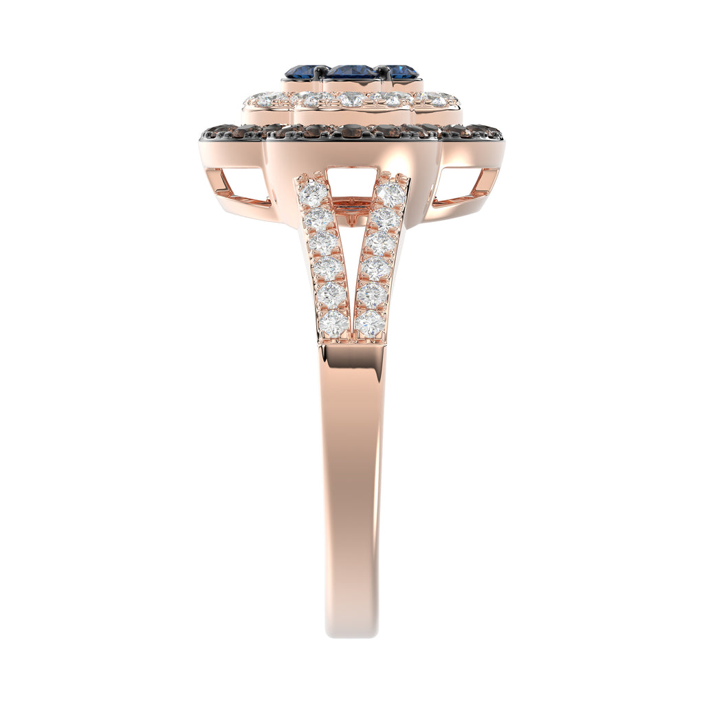 Elegant 14K Rose Gold Ladies Ring Crafted With Fancy Dark Brown And Blue Diamonds Totaling 0.75 Ct. Perfect Luxury Jewelry Gift For Her.