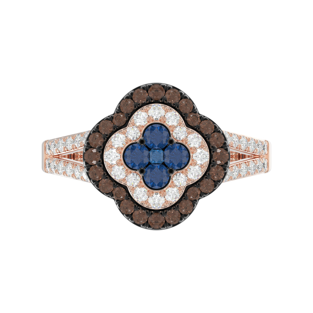 Elegant 14K Rose Gold Ladies Ring Crafted With Fancy Dark Brown And Blue Diamonds Totaling 0.75 Ct. Perfect Luxury Jewelry Gift For Her.