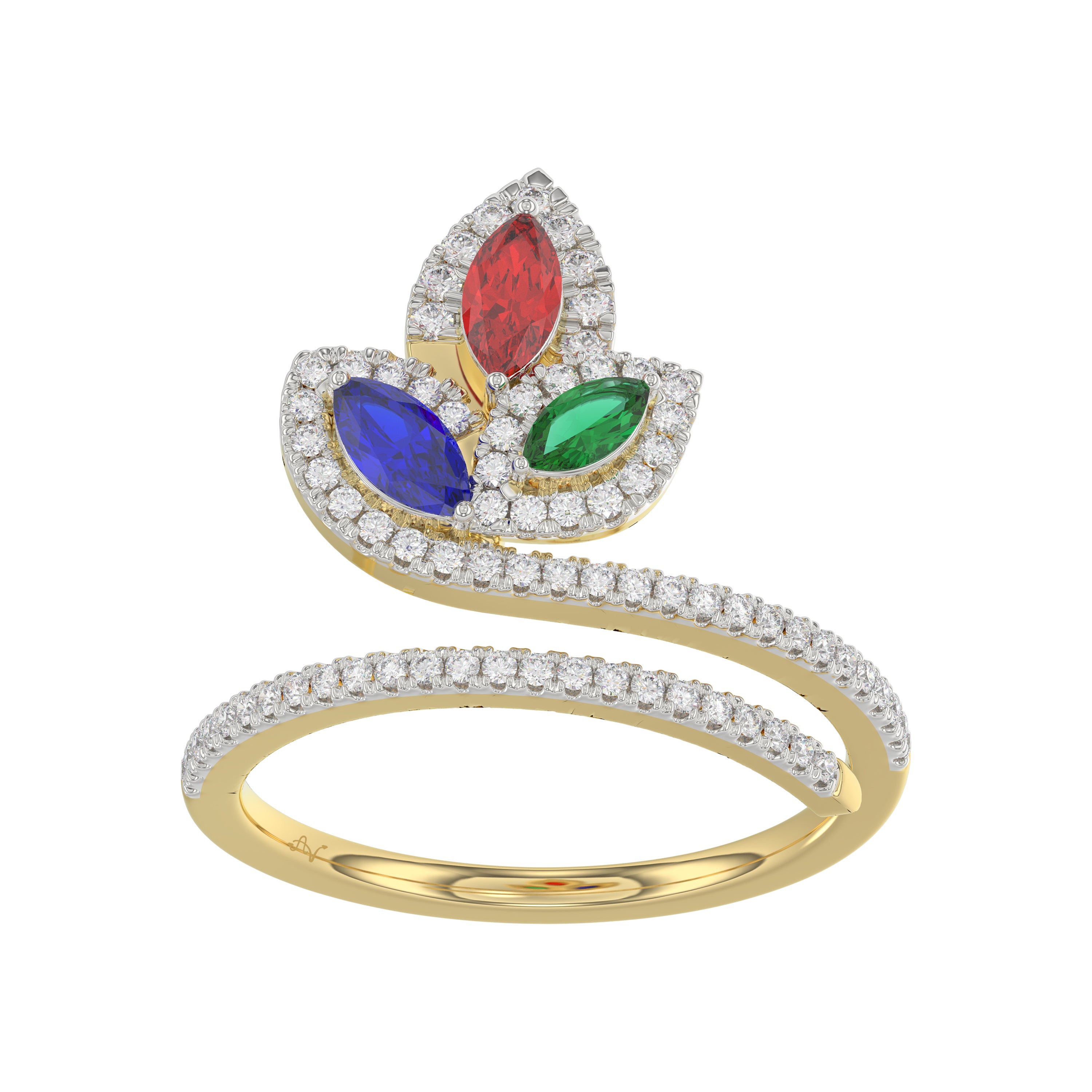 Elegant Multi-Stone 14K White Gold 0.75Ct Ladies Ring With Ruby, Sapphire, Emerald, And Marquise Diamonds. A Classic And Colorful Luxury Jewelry Piece