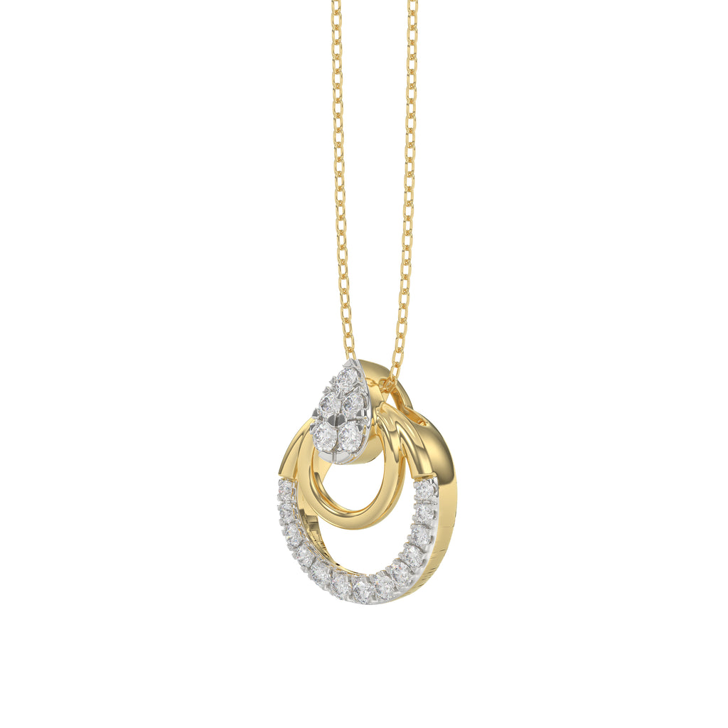 Beautiful 14K Yellow Gold Ladies Pendant With Double Circle Design And Sparkling 0.13 Ct Round Diamonds. Includes Chain.