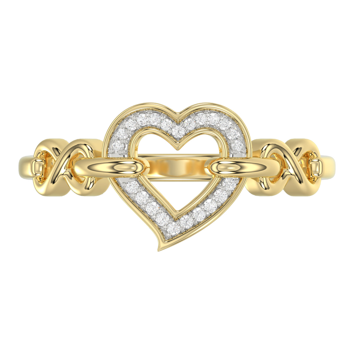 Elegant 10K Yellow Gold 0.05Ct Ladies Ring With Heart Shape Design And Sparkling Round Diamonds. A Charming And Meaningful Gift Jewelry Piece For Her.