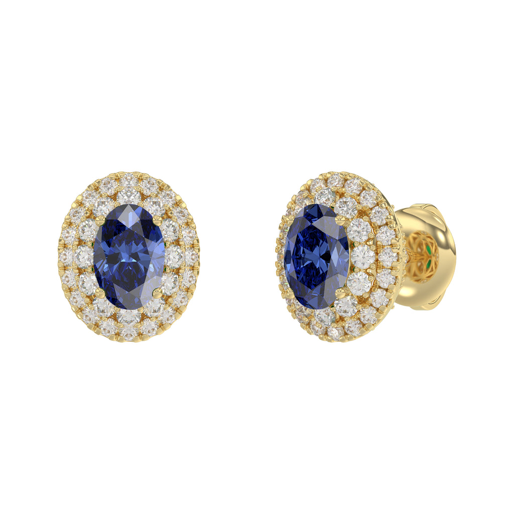 Luxury 14K Yellow Gold Earrings With Oval Sapphire And Round Diamond Accents. A Classic And Elegant 1.88Ct Fine Jewelry Design For Her.