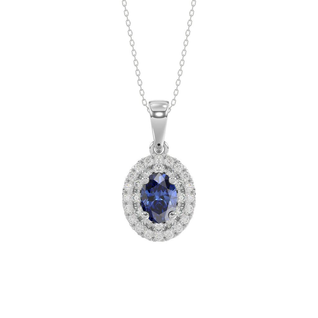 Elegant 14K White Gold Ladies Pendant Featuring Oval Sapphire And Round Diamond Accents 1.16Ct Includes Chain For A Complete Luxury Look.