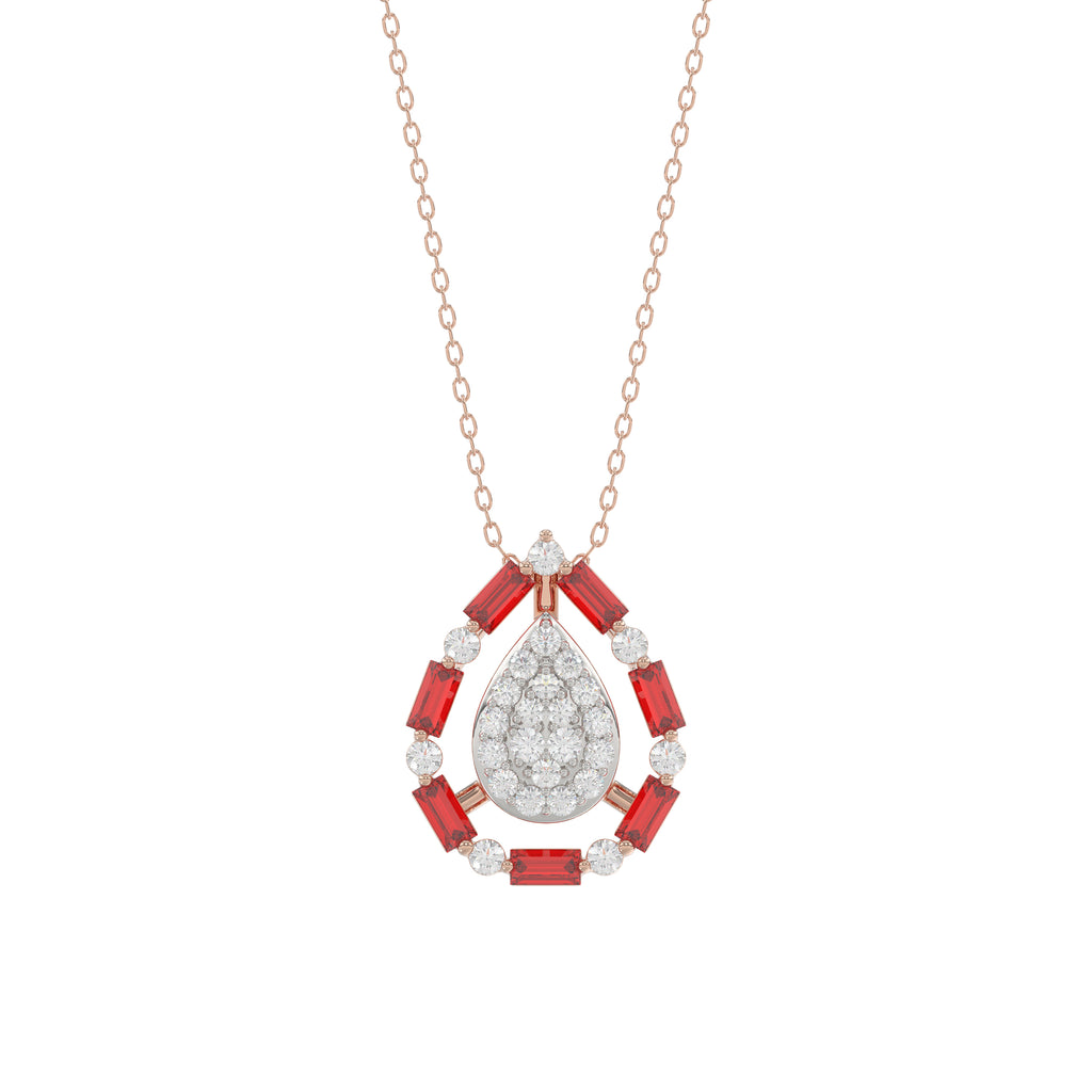 Elegant 14K Rose Gold Ladies Pendant Featuring Ruby And Diamond Accents With Round And Baguette Cut 0.50 Ct. Includes Chain For A Complete Look.