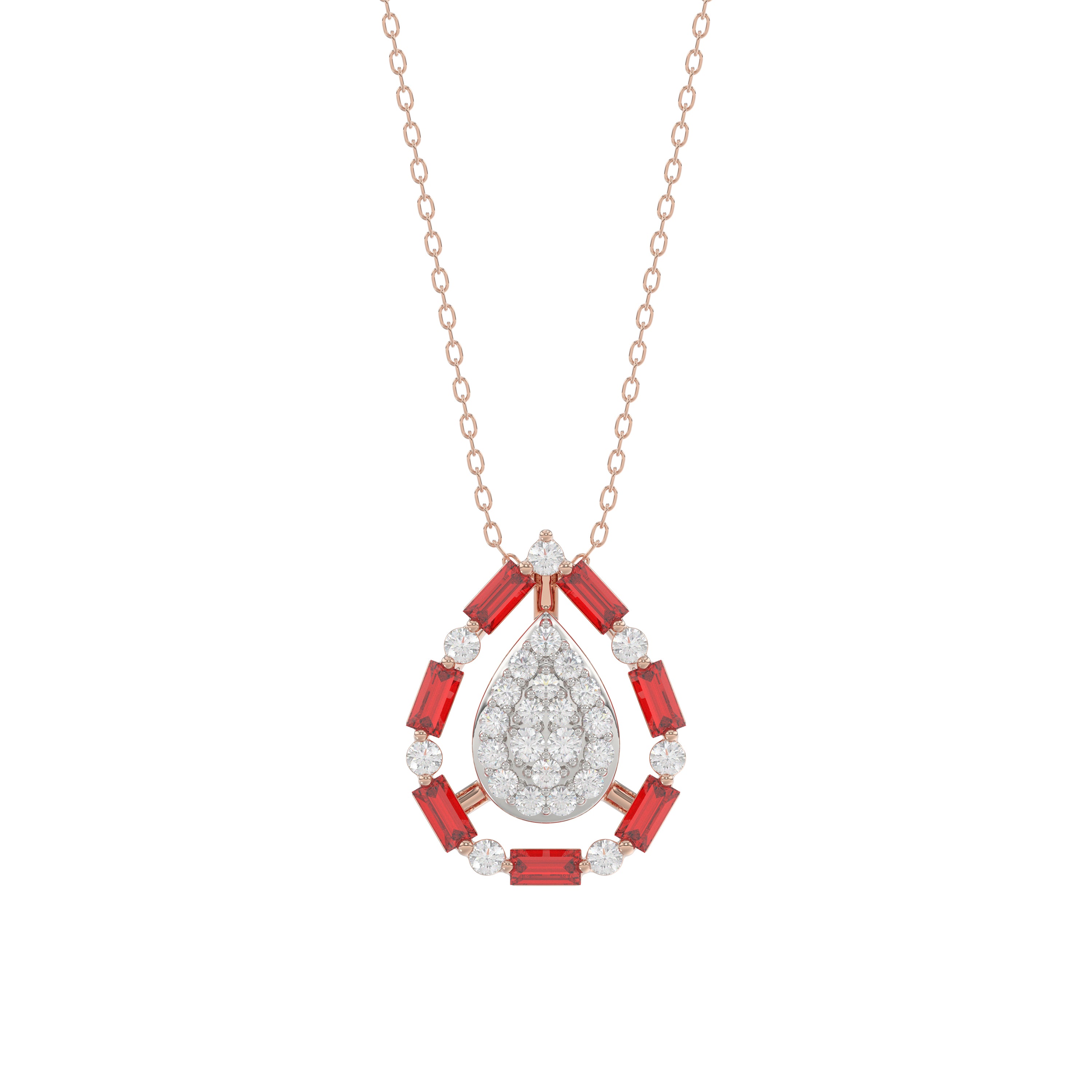 Elegant 14K Rose Gold Ladies Pendant Featuring Ruby And Diamond Accents With Round And Baguette Cut 0.50 Ct. Includes Chain For A Complete Look.