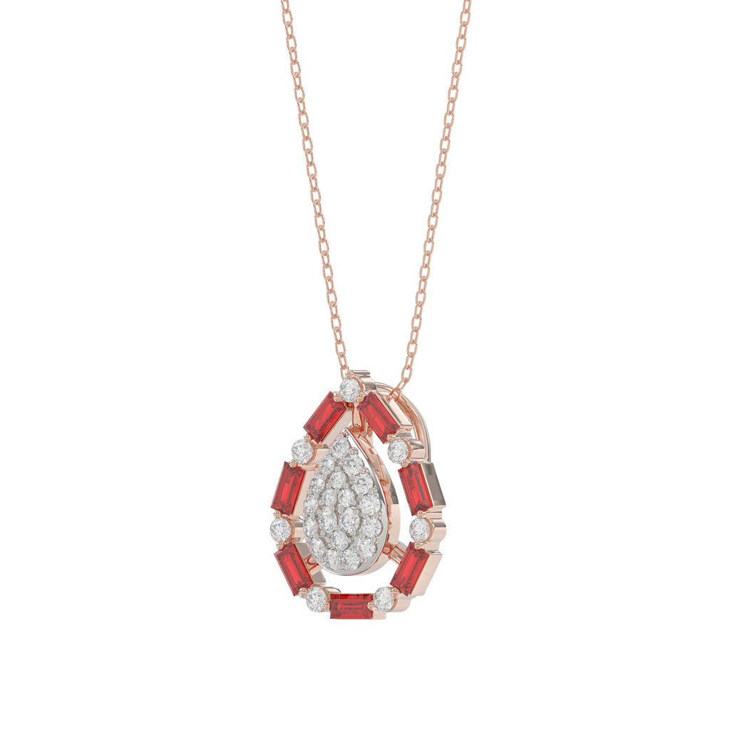Elegant 14K Rose Gold Ladies Pendant Featuring Ruby And Diamond Accents With Round And Baguette Cut 0.50 Ct. Includes Chain For A Complete Look.