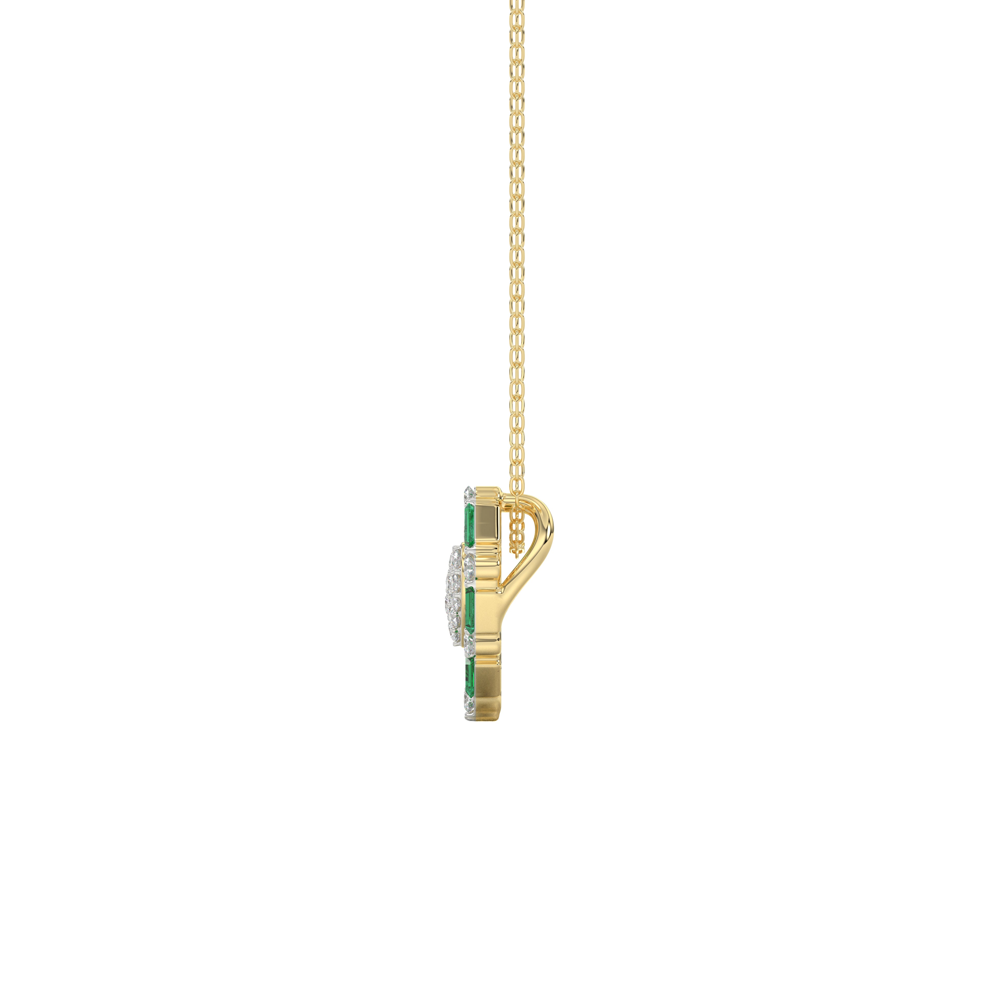 LADIES PENDANT 0.35CT ROUND/GREEN EMERALD BAGUETTE DIAMOND 14K YELLOW GOLD