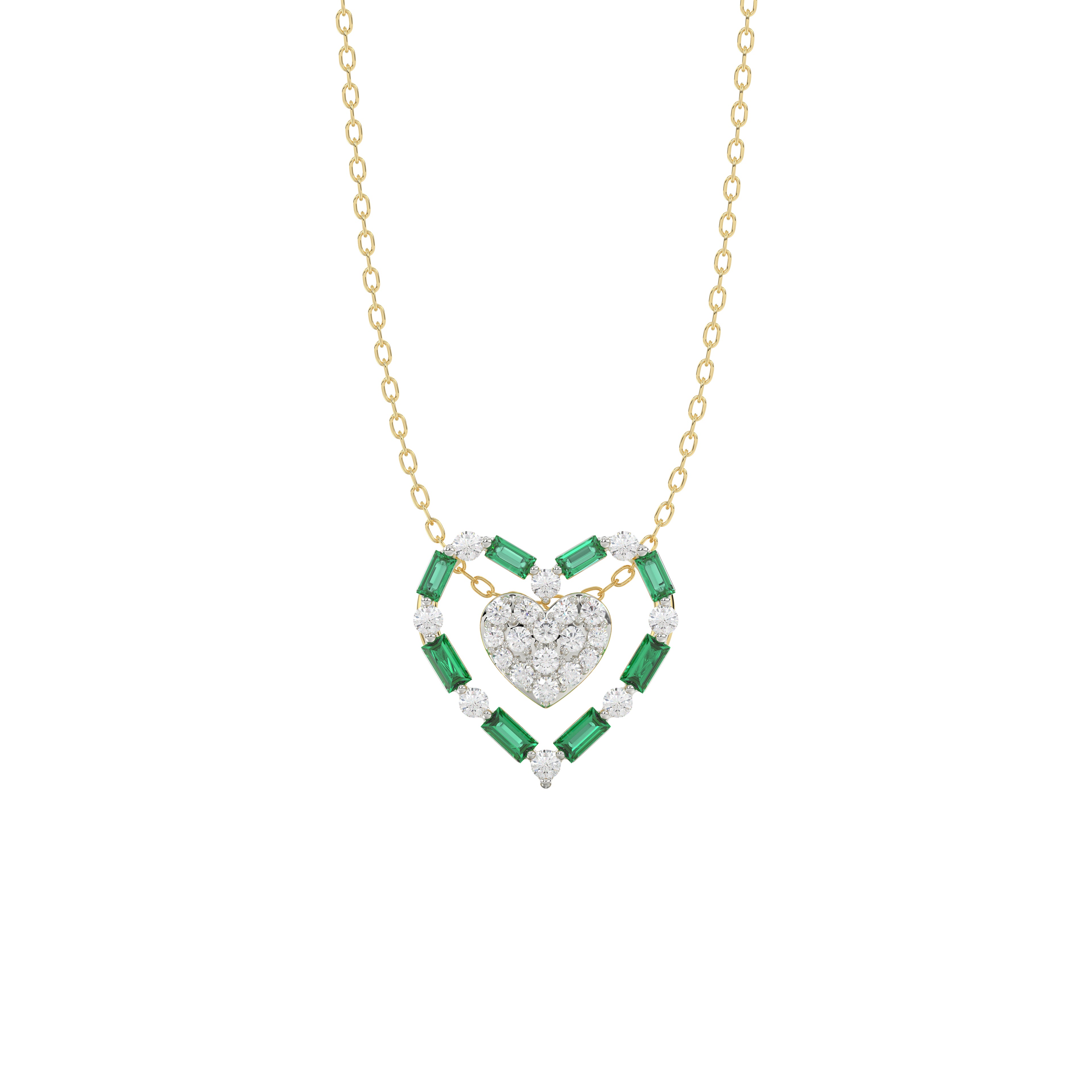LADIES PENDANT 0.35CT ROUND/GREEN EMERALD BAGUETTE DIAMOND 14K YELLOW GOLD