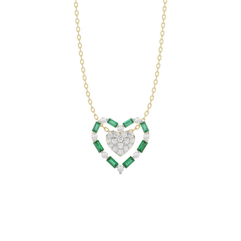 LADIES PENDANT 0.35CT ROUND/GREEN EMERALD BAGUETTE DIAMOND 14K YELLOW GOLD