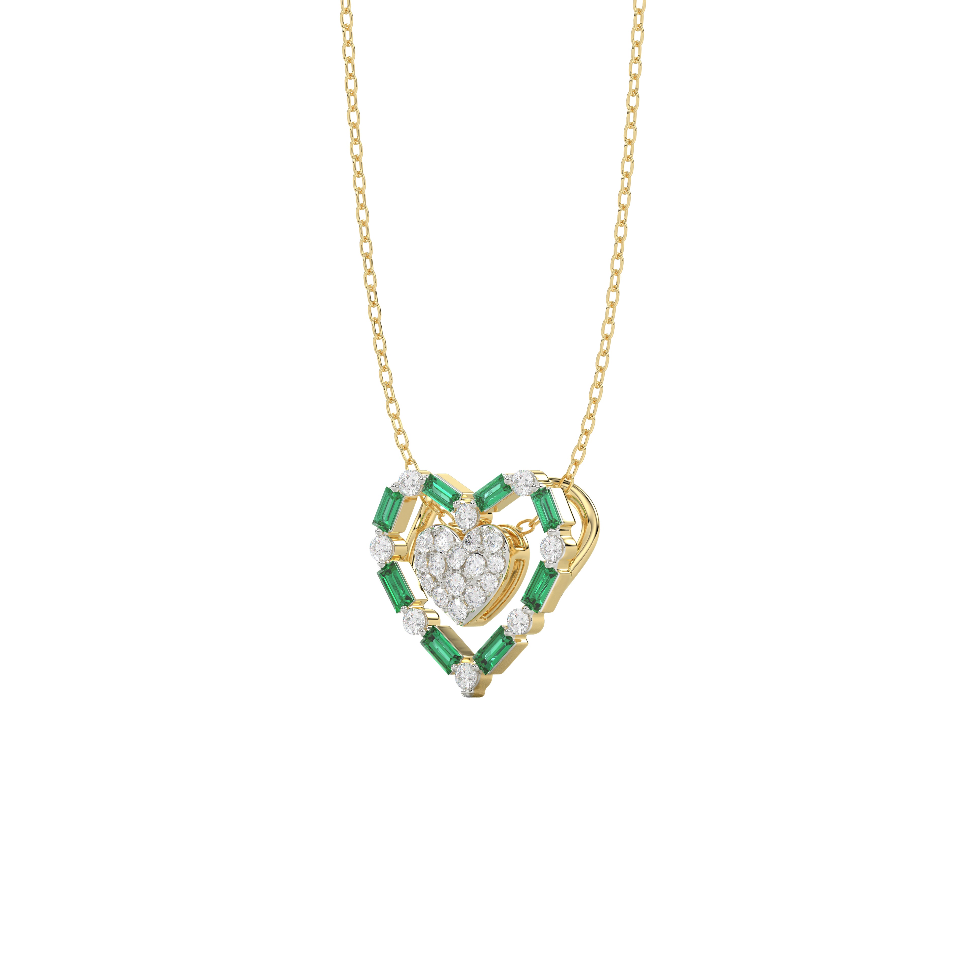 LADIES PENDANT 0.35CT ROUND/GREEN EMERALD BAGUETTE DIAMOND 14K YELLOW GOLD