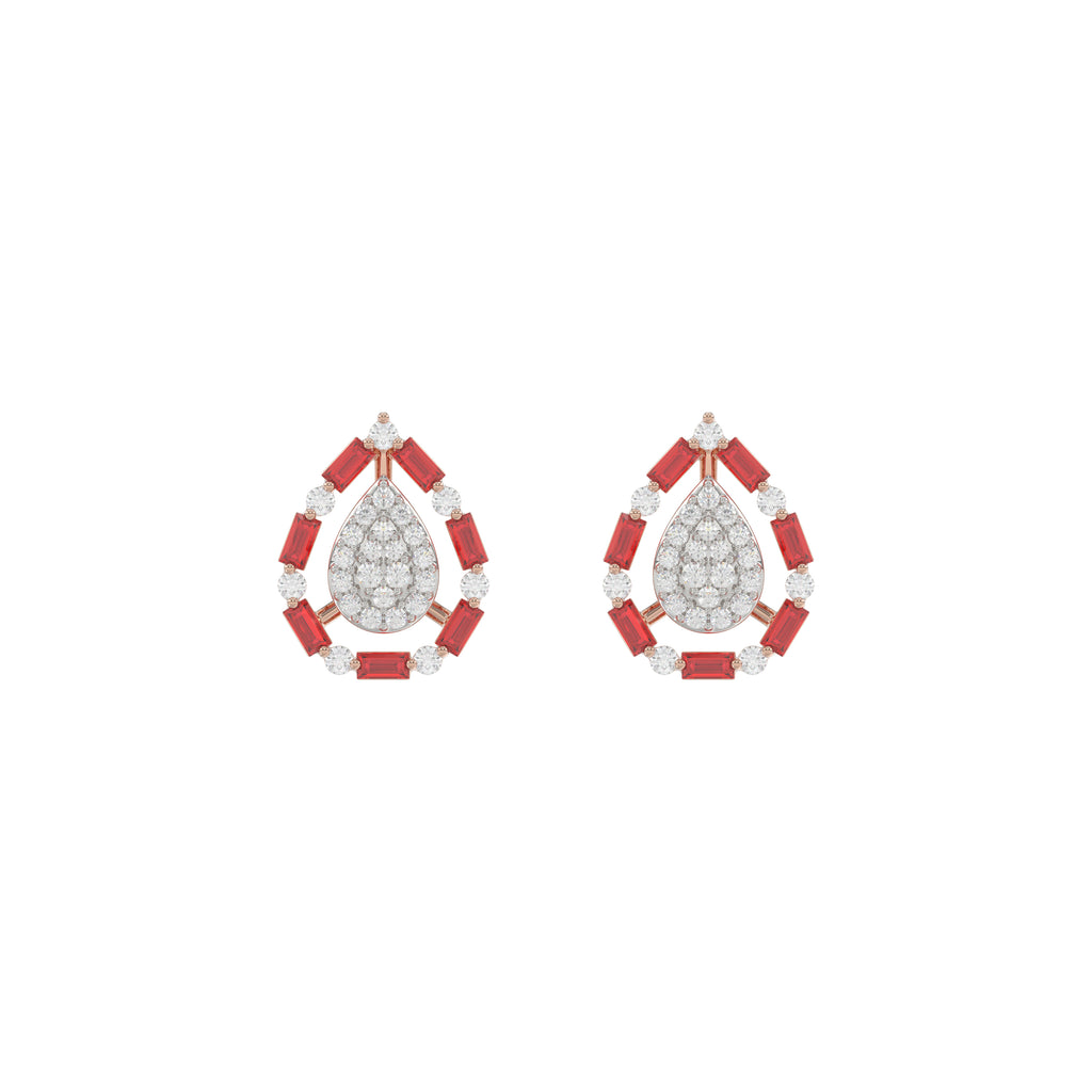 Elegant 14K Rose Gold Ladies Earrings Featuring Ruby And Diamond Accents With Round And Baguette Cuts 0.88Ct. A Luxurious Fine Jewelry Design.