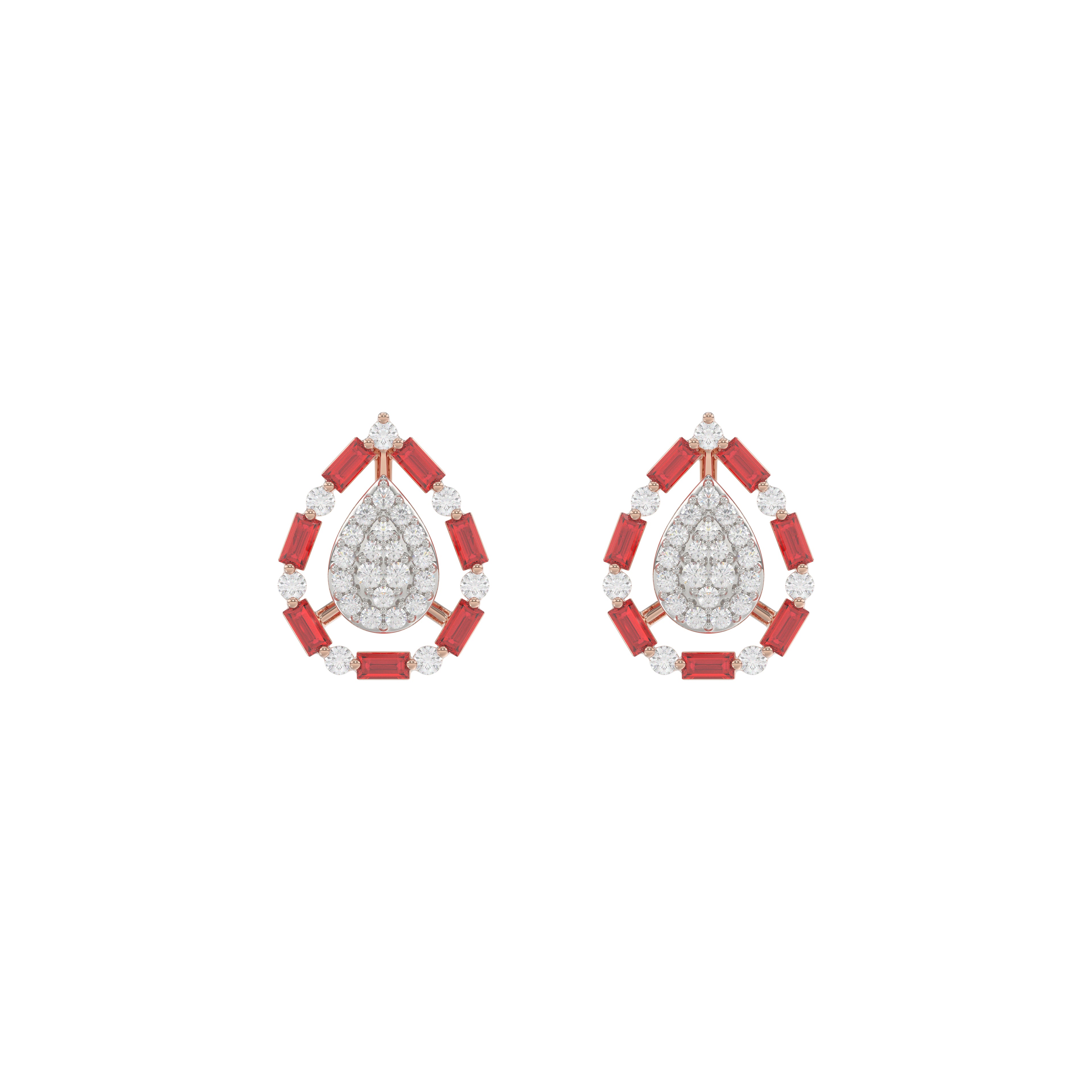 Elegant 14K Rose Gold Ladies Earrings Featuring Ruby And Diamond Accents With Round And Baguette Cuts 0.88Ct. A Luxurious Fine Jewelry Design.