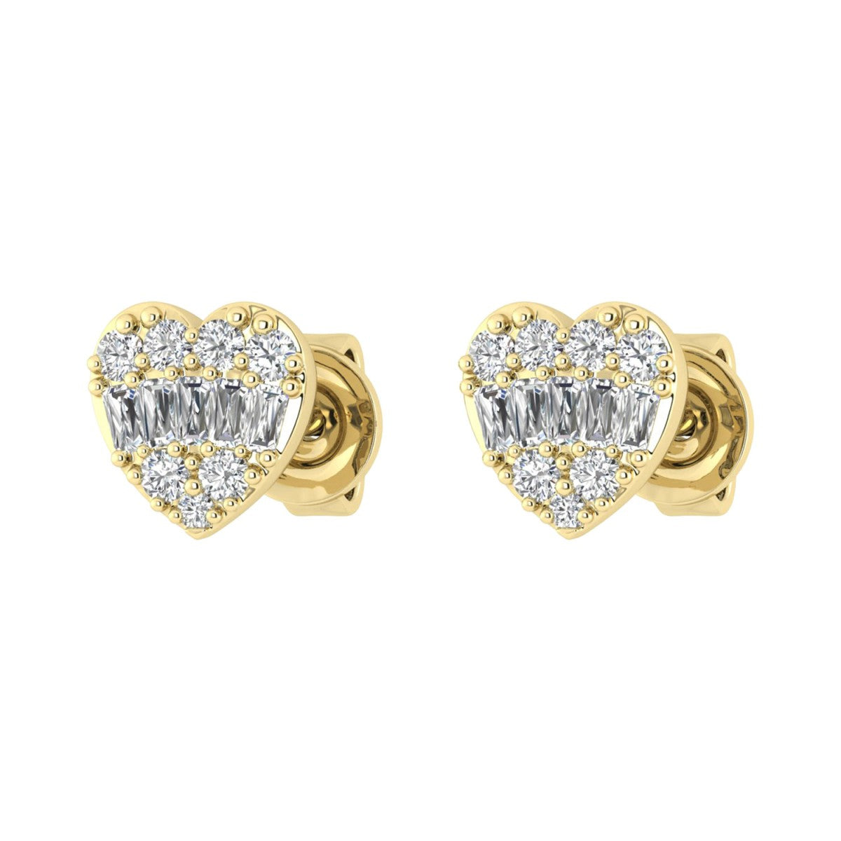 0.25CT Diamond Heart Shape Earrings In 10K Yellow Gold Round & Baguette Diamond Fashion Earrings For Women