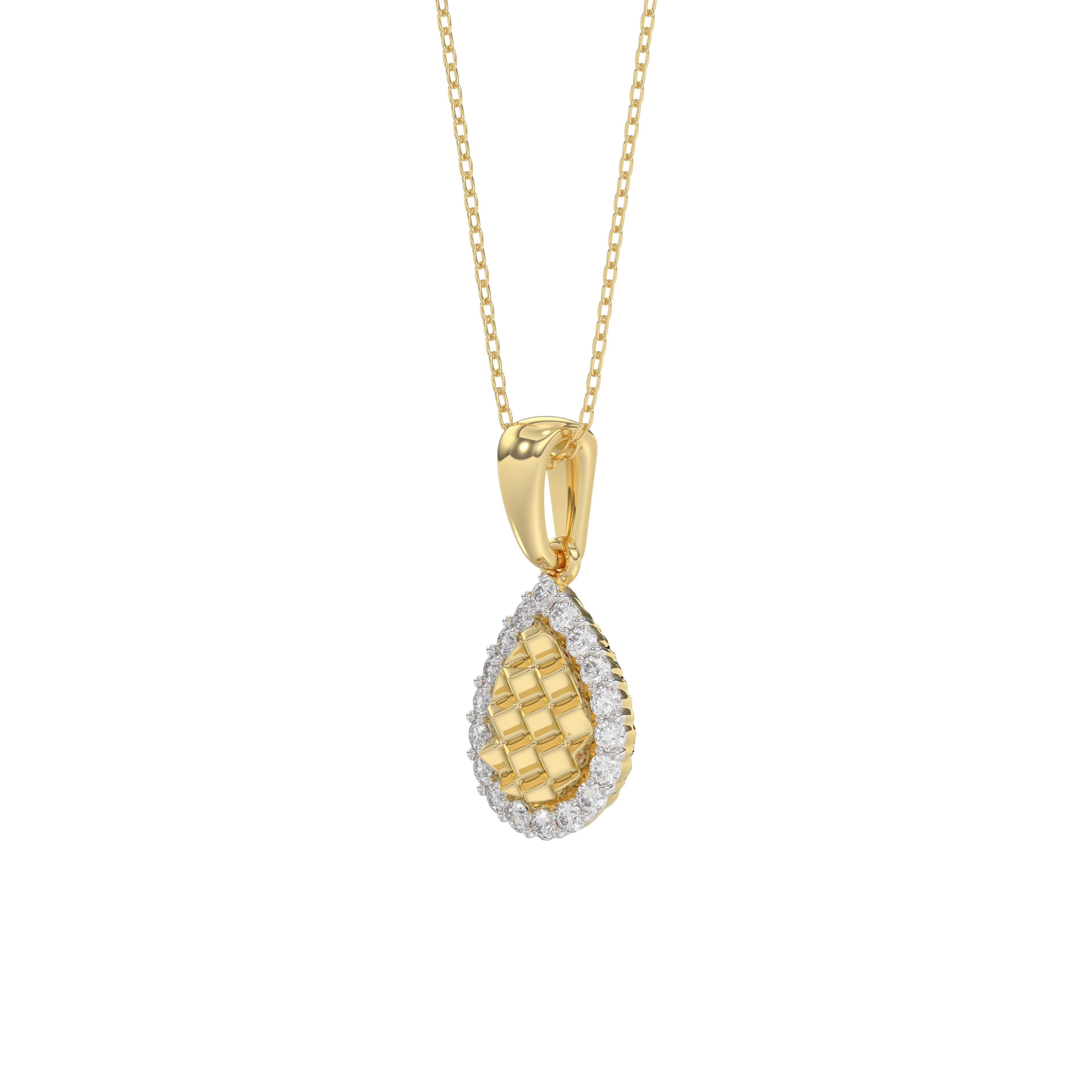 Elegant 10K Yellow Gold Ladies Teardrop Nugget Pendant Featuring A Cluster Of 0.20 Ct Round Diamonds. Includes Chain