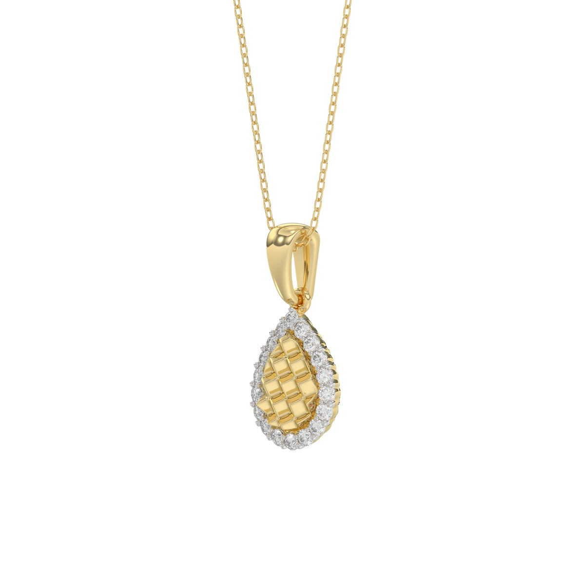 Elegant 10K Yellow Gold Ladies Teardrop Nugget Pendant Featuring A Cluster Of 0.20 Ct Round Diamonds. Includes Chain