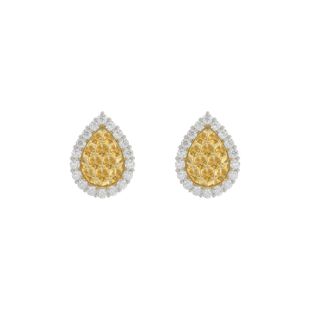 10K Yellow Gold 0.20Ct Ladies Halo Earrings With Nugget Design And Round Diamond Sparkle. A Modern Fine Jewelry Piece Ideal For Gifting Or Daily Wear.